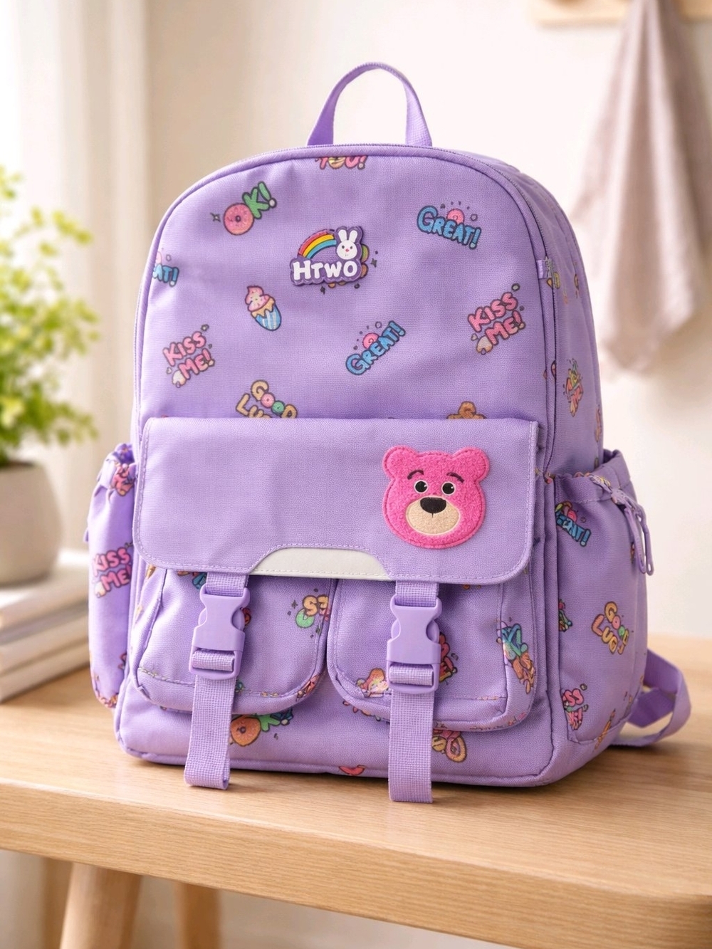 HTWO 17" Purple Kawaii Backpack – Cute Cartoon Patches & Bear Motif School Bag